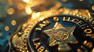 A closeup of a police badge glistens in the sunlight symbolic of the honor and dignity that comes with the responsibility of upholding the law. photo