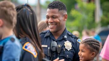 At a community event a friendly officer is seen interacting with local children ensuring their safety and building a positive relationship with the community. photo