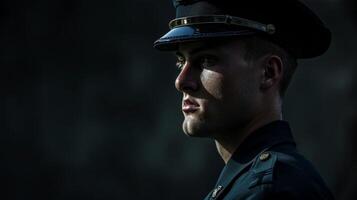 A portrait of a uniformed hero a symbol of strength and courage captured in a moment of stillness. The sharp lines of their uniform convey a sense of order and authority. photo