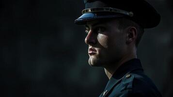 un retrato de un uniforme héroe un símbolo de fuerza y valor capturado en un momento de quietud. el agudo líneas de su uniforme transmitir un sentido de orden y autoridad. foto