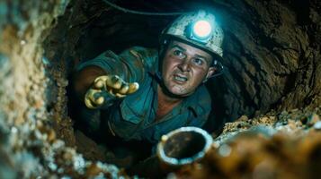 A plumber wearing a headlamp and knee pads crawls through a narrow underground passage reaching out to adjust a pipe connector with a focused expression on their face. photo
