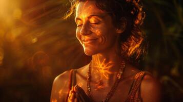 Rays of light seem to radiate from the very core of this portrait emanating from a serene the with a warm smile. Clasped hands overlay their heart a symbol of balance and harmony between photo
