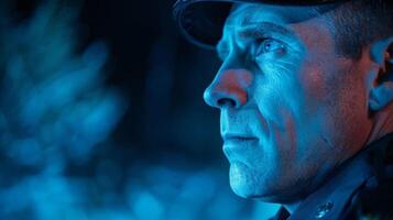 A profile shot of an officers determined face jaw clenched and eyes fixed ahead as they navigate through a dangerous and highpressure scenario. photo