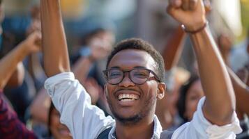 A candid portrait captures a politician midspeech their arms raised in passion and their eyes full of determination. The background shows a diverse crowd a nod to the struggles and photo