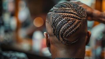 A barber is captured in the midst of creating a mesmerizing braided design on a clients head. The intricate patterns and attention to detail showcase the level of creativity and skill photo