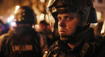 In a tense protest a stoic officer stands between opposing groups diffusing the tension with calm and measured words. photo