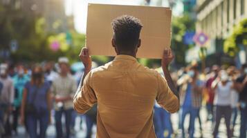 A politician stands in front of a peaceful protest holding a sign with their campaign slogan embodying their dedication to social justice and standing up for marginalized communities. photo
