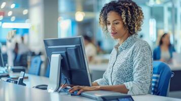 A receptionist checking schedules and appointments on a computer screen with a determined look on their face despite a flurry of activity happening around them. photo
