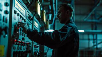 In an industrial setting a technician stands in front of a towering machine carefully adjusting s and buttons. Despite its intimidating appearance the worker confidently maneuvers photo