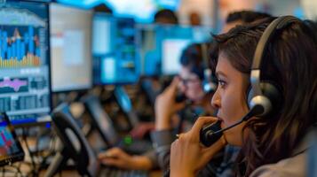 In a busy call center a team of employees hunch over their desks each with a phone pressed to their ear. In the background a wall of computer screens displays data and charts as their photo