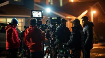 A news crew huddles together in the predawn darkness checking equipment and discussing their coverage plans for the day ahead. photo