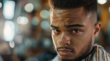 A closeup portrait of a determined young barber in training as he focuses intently on perfecting his precision in crafting a clean fade hair. photo