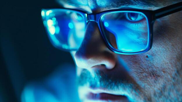 A closeup of a scientists face lit up by the soft blue glow of a computer screen as they work late into the night on a technological breakthrough. Their passion and dedication can photo