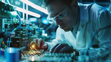 A scientist stands alone in a vast dimly lit laboratory eagerly examining a complex circuit board with a look of fascination and wonder on their face. This portrait highlights the photo