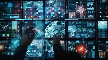 A montage of various screens and screens each displaying a different type of data ysis software with a persons hand moving a mouse or typing on a keyboard in each one. photo