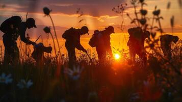 Silhouettes of researchers against a vibrant sunset their magnifying glasses and equipment in hand as they search for unique plant species in a meadow. photo