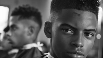 An intense look of concentration is visible on the face of a budding barber as they attentively observe and learn the art of shaping a crisp lineup. photo