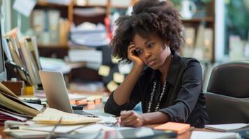 A determined administrative worker sits at their desk multitasking between answering phone calls sending emails and filling out paperwork. Despite the chaos of their workspace they photo