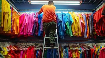 A store employee stands on a ladder adjusting the lighting above a row of clothing racks. The vibrant colors and trendy styles of the garments catch the eye a testament to the retail photo