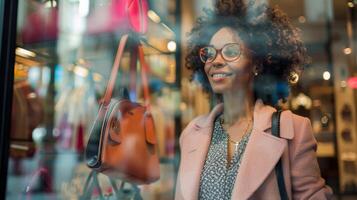 dentro un elegante boutique el Tienda gerente soportes en el ventana sonriente como ella estratégicamente lugares diseñador bolsos y accesorios en monitor para potencial clientes a ver desde el foto