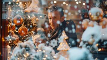 With a look of concentration a store manager stands inside the window display arranging holidaythemed decorations and products against a snowy backdrop. photo