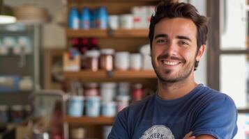 A portrait of a passionate product enthusiast wearing a shirt branded with their favorite company logo as they pose with their latest product acquisition while flashing a proud and photo