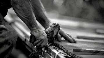 A black and white image of a roofers hands each holding a different tool one gripping a nail gun the other a tape measure symbolizing the variety of tools and techniques used in this photo