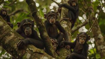A team of scientists studies a group of primates in their natural habitat in the rainforest. The researchers remain still and quiet observing the animals behavior and interactions. photo