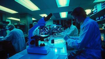 Bright fluorescent lights illuminate a laboratory room with a group of diligent researchers huddled around a large microscope eagerly observing the complex structure of a cell. photo