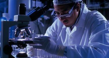 A medical professional carefully examines a small slide under a microscope searching for any abnormalities that may help in diagnosing a patients illness. The hightech equipment and photo