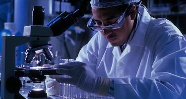 un médico profesional cuidadosamente examina un pequeño diapositiva debajo un microscopio buscando para ninguna anormalidades ese mayo ayuda en diagnosticando un pacientes enfermedad. el alta tecnología equipo y foto