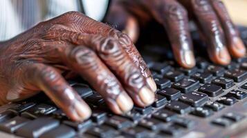 A closeup of a programmers hands typing furiously on a keyboard their determined expression highlighting their dedication to solving a challenging issue. photo