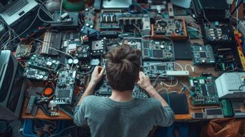 Surrounded by a chaotic but organized mess of computer parts and electronic components a confident Tech Guru Developer diligently works away on their latest coding project fully in photo