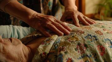 A closeup of a healers hands on a patients back delicately manipulating pressure points with skilled precision. The patients face is relaxed and peaceful hinting at the release of photo