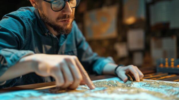 A curious scientist studying a topographical map of uncharted land while pointing to key data points on the graph eager to uncover hidden information. photo