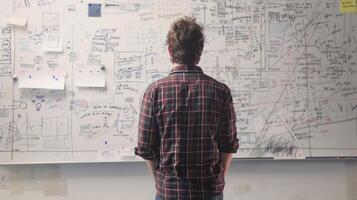 A solitary developer stands in front of a whiteboard covered in scribbles and diagrams deep in thought as they work through programming challenges and bugs in their gamechanging software. photo