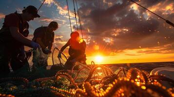 With the sun setting behind them a group of marine biologists carefully inspect an unusual creature caught in their net its long tentacles and iridescent body marking it as a completely photo