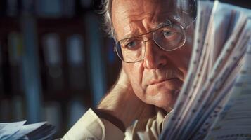 A portrait of a statistician lost in thought their brow furrowed as they pore over a stack of data printouts. photo