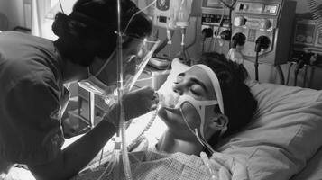 In a sterile hospital room a nurse gently adjusts the mask on a patients face. The patient who is lying in bed and hooked up to various machines looks both nervous and grateful at photo