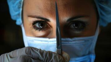An intense portrait of a surgeon her face focused and determined as she holds a scalpel confidently in her hand. photo