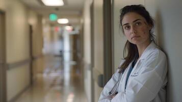 A tired but determined nurse leans against a wall her white scrubs and lab coat stained with evidence of a long shift in the fastpaced realm of the emergency room. Her unwavering photo