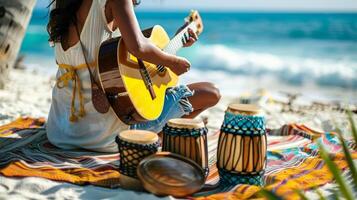A portrait of a teacher sitting on a blanket on the beach surrounded by various instruments such as a guitar ukulele and bongos. They are strumming a tune on the guitar a symbol of photo