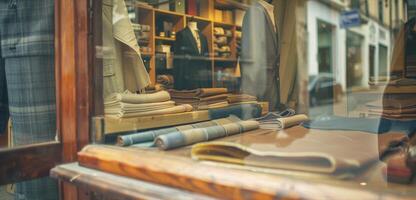 Through the window of a small boutique we see a tailor his wooden workbench skillfully ting fabric with precision. photo