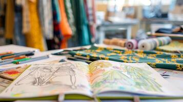 A tailors sketchbook lies open on the table filled with vivid illustrations and sketches of potential designs. In the background a rack of finished garments display the tailors ability photo