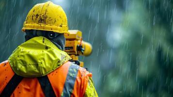 A photograph of a surveyor working in adverse conditions such as heavy rain or extreme heat. Despite the challenges the surveyor remains vigilant and continues their work showcasing photo