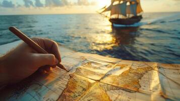 A hand draws precise lines on a map marking out the boundaries of newly discovered land. In the background a ship sails off into the horizon its sails full with the promise of new photo