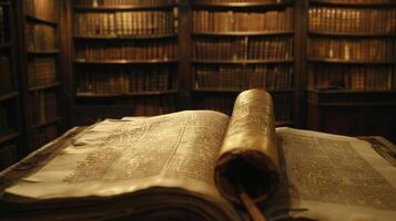 In the peaceful setting of a library an assortment of ancient texts and scrolls lay open revealing the secrets of surveyings past. The dimly lit room and the reverent expressions on photo