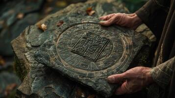 An intricately carved stone tablet adorned with ancient symbols rests in the hands of a wiselooking elder. With reverence in his eyes he recounts the tales of surveying passed down photo