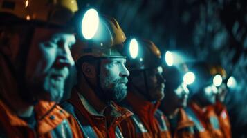 Seven surveyors with headlamps and illuminated measuring tapes move swiftly and efficiently through the eerie darkness of a remote mining site united by their unwavering dedication photo