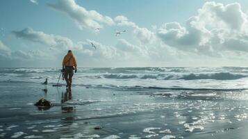 A surveyor walks along a quiet beach carefully measuring the coastline as seagulls soar overhead and crashing waves provide a calming soundtrack. photo